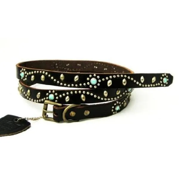 HTC (Hollywood Trading Company) SN-32-TQ Turquoise Narrow Studs Belt ターコイズ ナロースタッズ ベルト ブラックレザーxシルバースタッズ アメリカ製