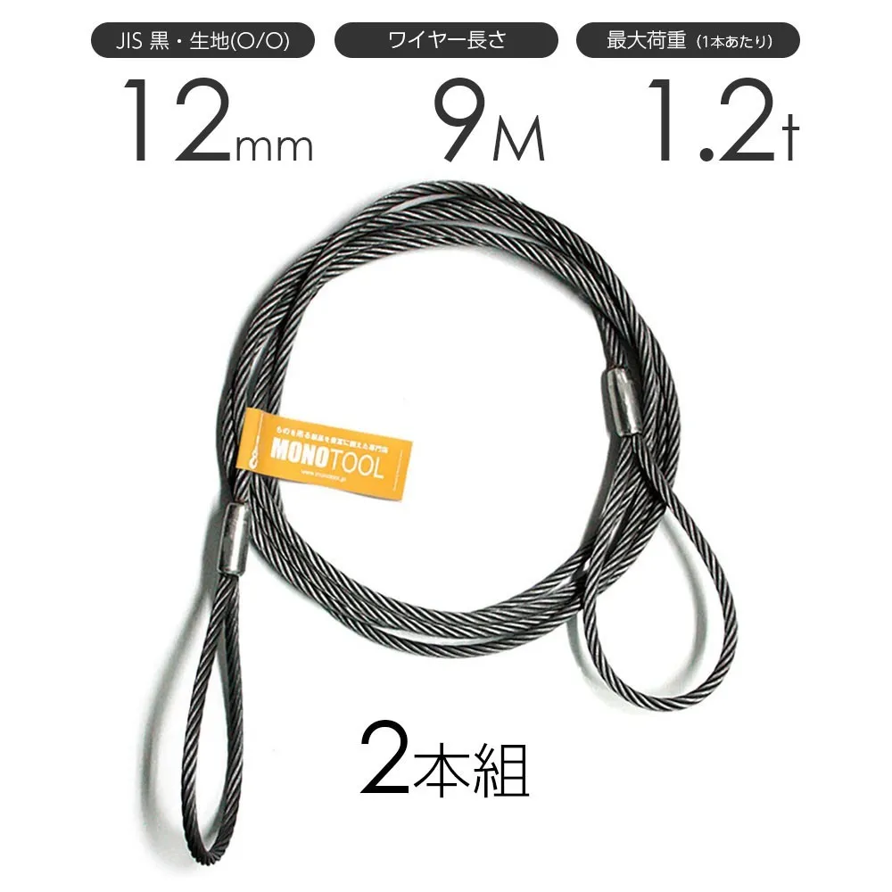 玉掛けワイヤーロープ 2本組 両アイロック加工 黒(O/O) 12mmx9m JISワイヤーロープ