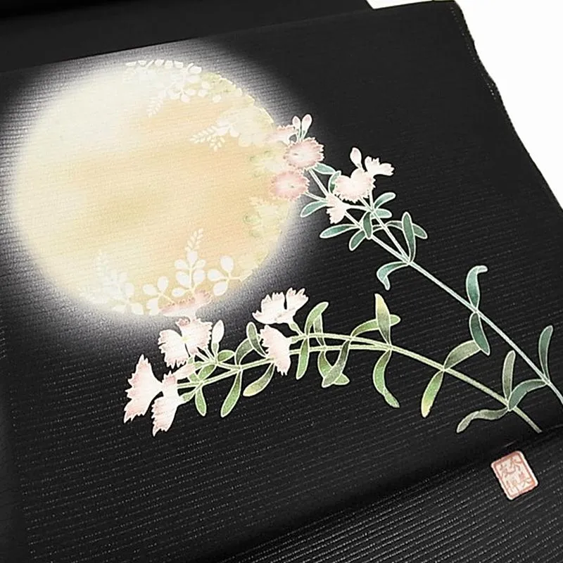 名古屋帯 夏物 カジュアル 十日町友禅 秀美 撫子 絽塩瀬 正絹 新品 未仕立て 反物 黒地 着物 受注生産 No.88-2037