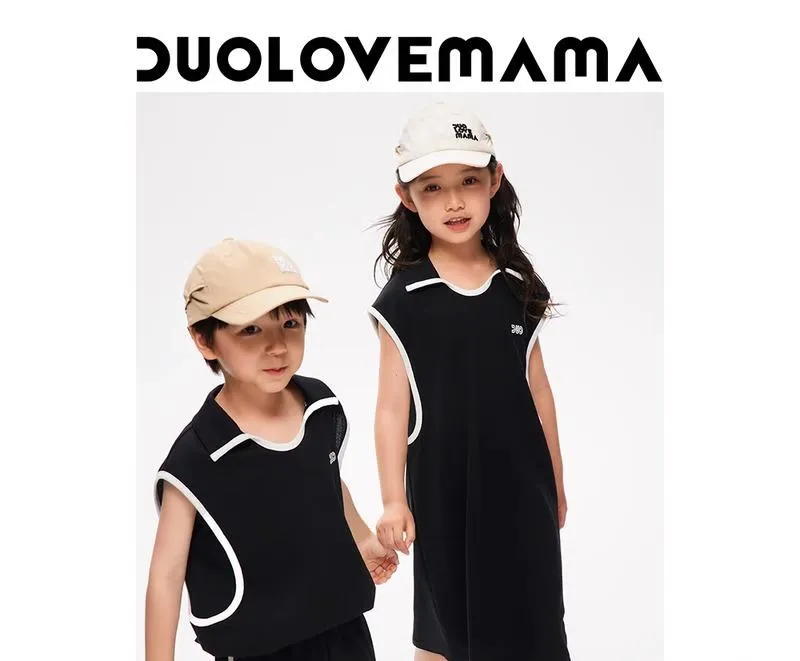 コントラスト バインディング ノッチネックライン ノットフロント ラウンジセット 上下 DUOLOVEMAMA 子供用 スーツ 夏 男の子 女の子 スポーツ 通気性 ノースリーブ ポロシャツ