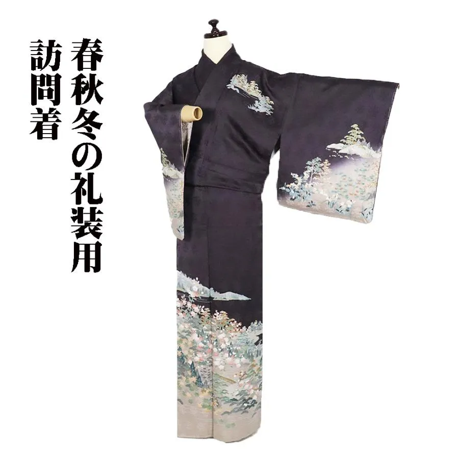 訪問着 袷 正絹 紫 山水画 屋敷風景 Mサイズ ki31948 新品 日本製 レディース シルク ギフト フォーマル 30代 40代 50代 送料無料