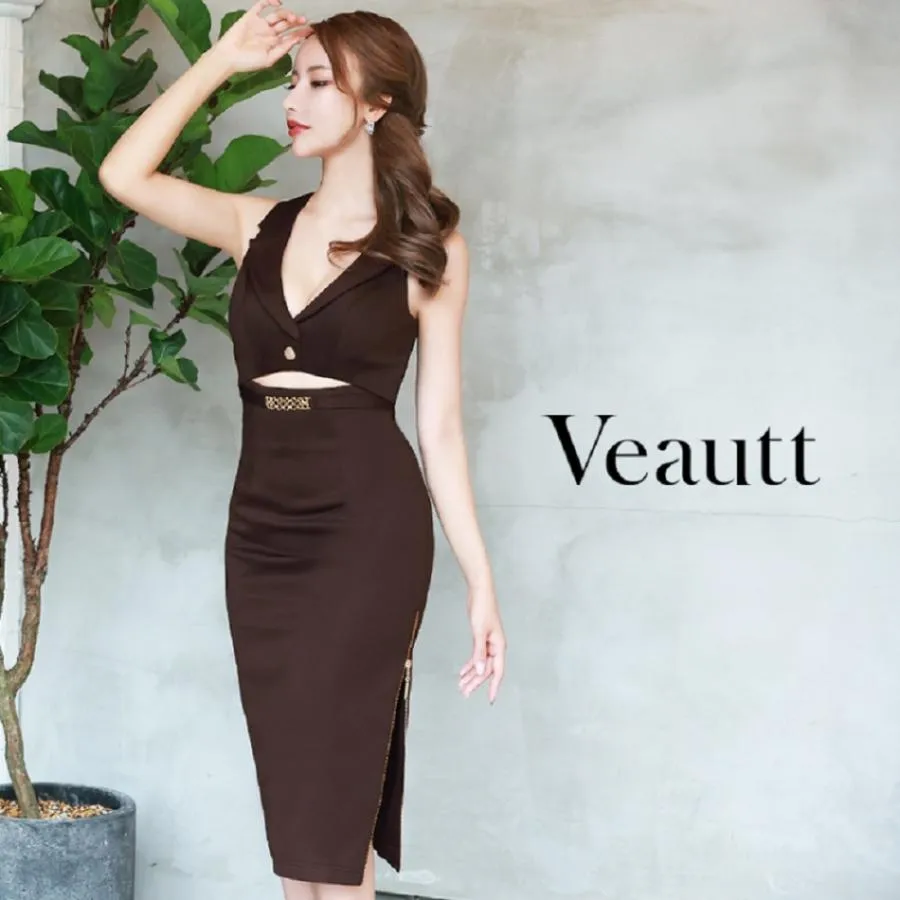 Veautt(ヴュート) バウエスト魅せ/オープンバック/膝丈ドレス　/ウエスト魅せ/フロント/ボタンチャーム /バックオープン /タイト/ミディアム/ドレス VT06233 (by