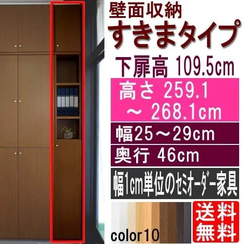 天井つっぱり隙間収納 コミック棚 高さ２５９．１〜２６８．１ｃｍ幅２５〜２９ｃｍ奥行４６ｃｍ厚棚板(棚板厚2.5cm) 下扉高さ109.5cm