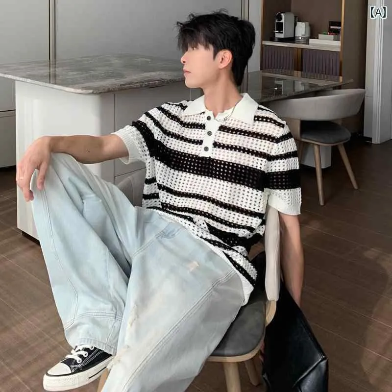 メンズ ファッション 春夏 秋冬 かっこいい オシャレ モテ 男性用 紳士服  服 韓国 シンプル 大人 ストライプ   半袖   ポロシャツ   メンズファッション   ゆったり   若々しい   T   シャツ   トップ