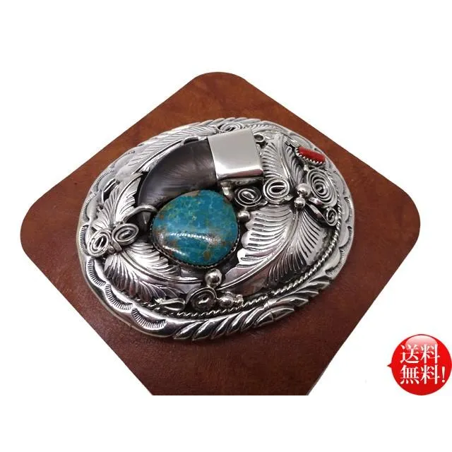 NAVAJO ナバホ族 ホールマーク【M】 リーフデザイン 赤サンゴ＆ターコイズ ベアクロー付 シルバーバックル オーバル メンズ 熊 爪 ワイヤー ウエスタン