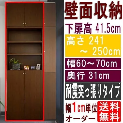 天井つっぱり本棚 つっぱり棚 高さ２４１〜２５０ｃｍ幅６０〜７０ｃｍ奥行３１ｃｍ厚棚板（棚板厚2.5cm） 下扉高さ41.5cm