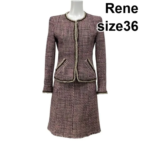 【中古】ルネ Rene セットアップスーツ ノーカラージャケット 膝丈スカート LINTON ピンク系 ミックスカラー 毛 綿 36 S 7号 レディース S5X454