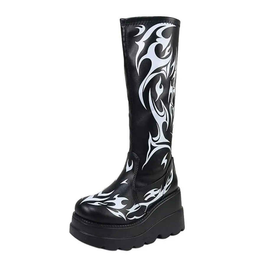 【並行輸入品】Women Knee High Boots Western Punk Boots Calf Shoes Platform Cas