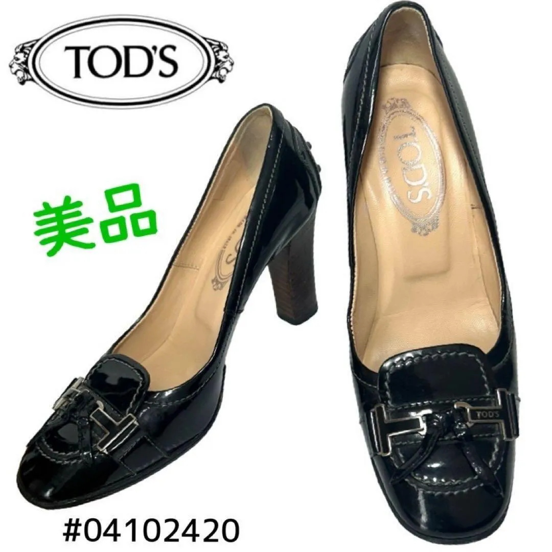 TOD'S エナメル リボンパンプス T金具 チャンキーヒール 35 1/2
