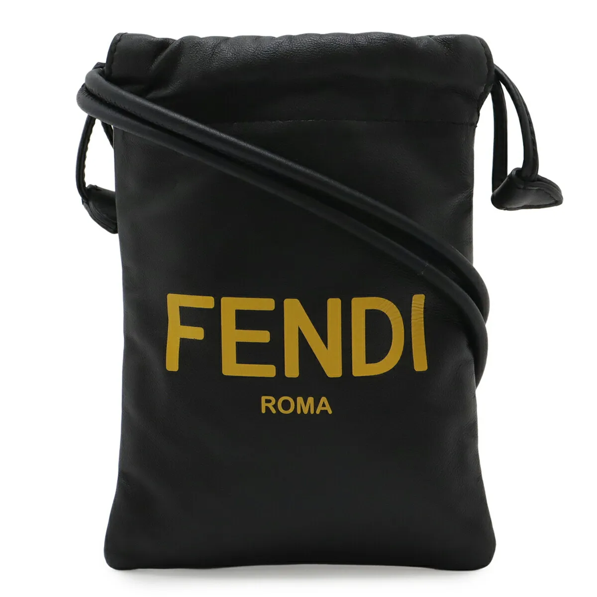 FENDI フェンディ ロゴプリント フォンポーチ フォンホルダー スマホポーチ 巾着型 レザー ブラック 黒 イエロー 黄色 7AR898 【中古】