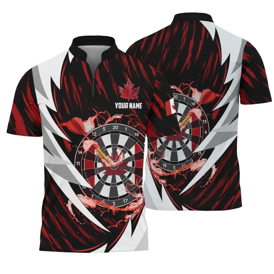 Patriotic Dartboard Half Zip Jersey Print Claws and Red Black Stripes Zippered T Shirt for Canadian Darts Team Member L