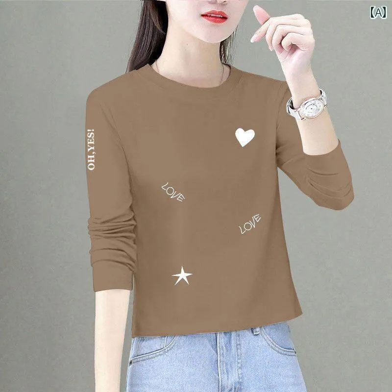 レディース 夏 カジュアル T シャツ 普段着 韓国 ハート コーヒー 色 綿 長袖 ｔシャツ 女性 春 ショート スリム トップス