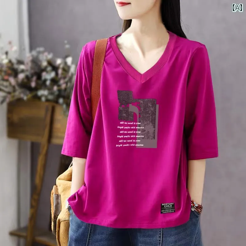 綿 Vネック 半袖 Tシャツ レディース 2025 夏 文学 レトロ 大きいサイズ ゆったり カジュアル トップス プリント コットン