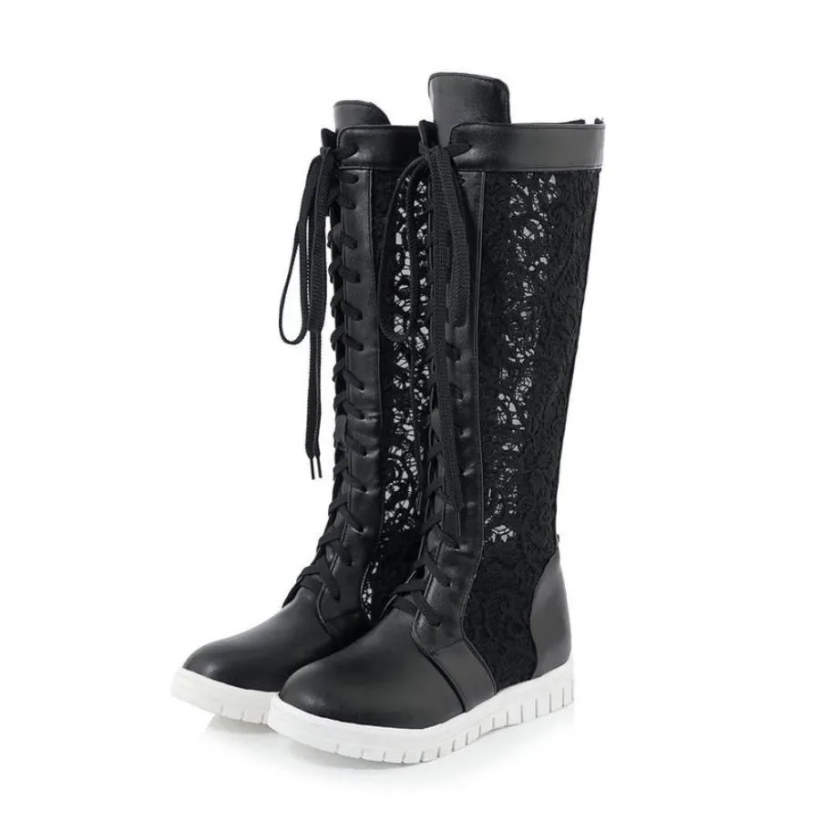 【並行輸入品】Women's Round Toe Lace up Flat Knee High Boots Female Cut Out Sp