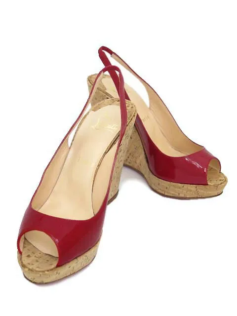 Christian Louboutin ウエッジソール サンダル パテントレザー×コルク レッド ＃38 1/2 新品同様 【中古】