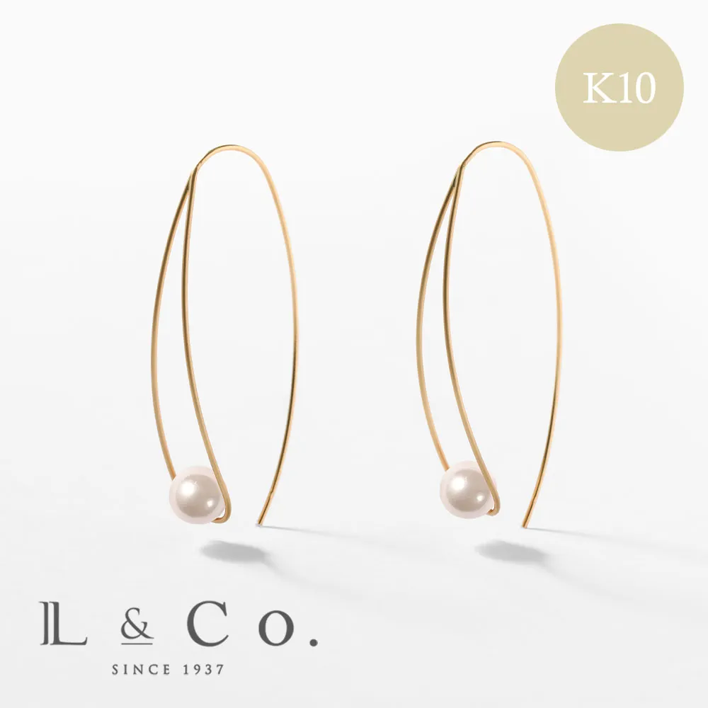 ピアス K10 イエローゴールド カラーシェルパール 真珠 6mm ピンク ベビーピンク フック 大人 華やか 推し L&Co.（エルアンドコー）