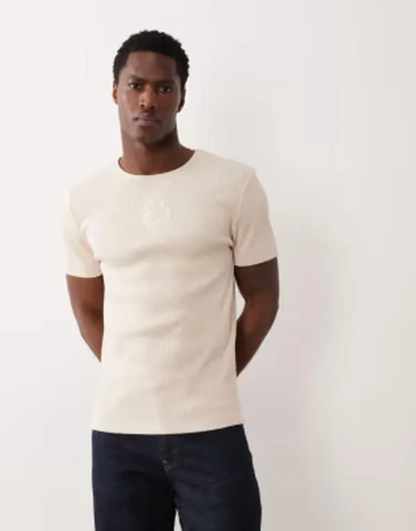 エイソス メンズ トップス Tシャツ リブニット フラワー柄 ニット フラワー ASOS DESIGN super heavyweight muscle fit-shirt with floral embroidery textured rib knit Pumice stone ストーン