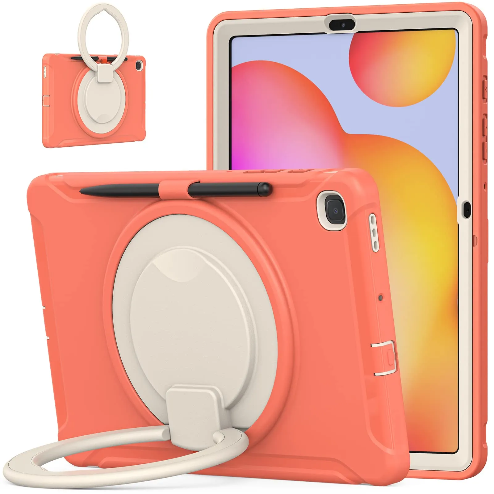 360度回転 スタンド Galaxy Tab S6 Lite ケース 衝撃吸収 頑丈 持ち手付き ハンドル付 Android タブレット ギャラクシー Tab S6 Lite 10.4インチ カバー 落下防止 S Pen 收納 子供 ケース, オレンジ