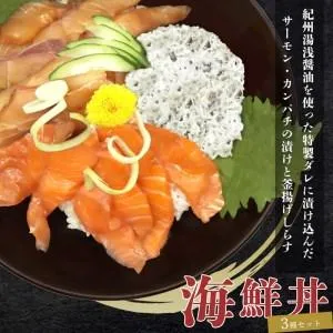 ふるさと納税 紀州湯浅醤油を使ったサーモンとカンパチの漬け＆釜揚げしらすの 海鮮丼 ３種セット 計３００g【uot756A】 和歌山県北山村