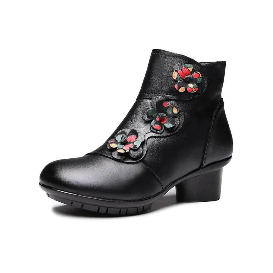 【並行輸入品】Lymphvity Women's Hand Stitching Boot Flowers Chunky Heel Ankle