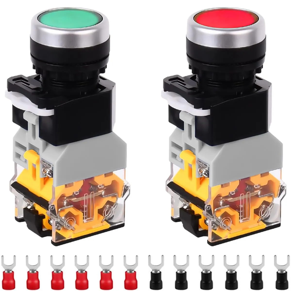 DAOKAI 22 mm モメンタリ押しボタン スイッチ 24 v 10 a プッシュ型 LA38-11DN 1NO 1NC LED インジケータ ライト スイッチ (赤/緑) 2 色と 12 pcs フォーク ターミナル