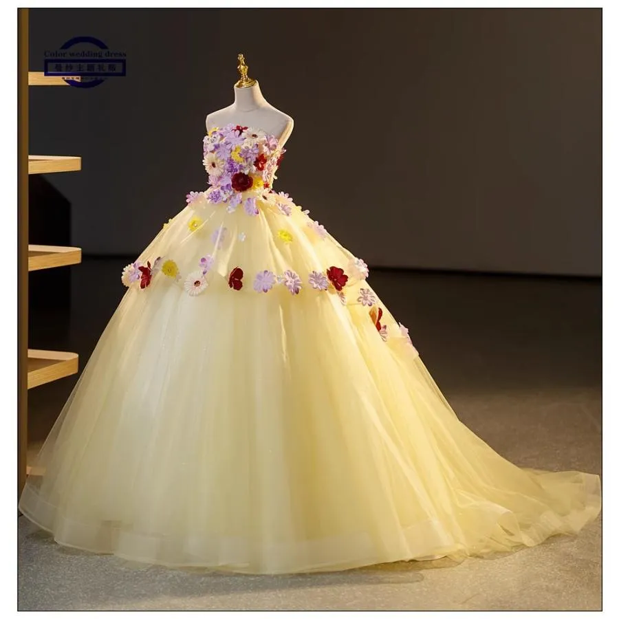 ドレス パーティードレス イエロー 黄 チューブトップ 花 フラワー ナイトドレス 蝶 結婚式 大きいサイズ 謝恩会 XS S M L XL LL 2XL XXL 3XL XXXL 姫系