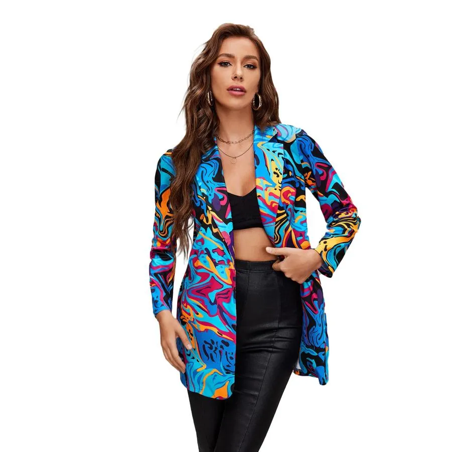 【並行輸入品】WDIRARA Women's Graphic Print Blazer Button Open Front Long Slee