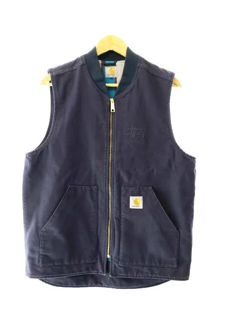 【中古】ステューシー STUSSY ×Carhartt カーハート Duck Vest ロゴ刺繍 ダック ベスト L 紺 ネイビー ブランド古着ベクトル 中古 260115 メンズ