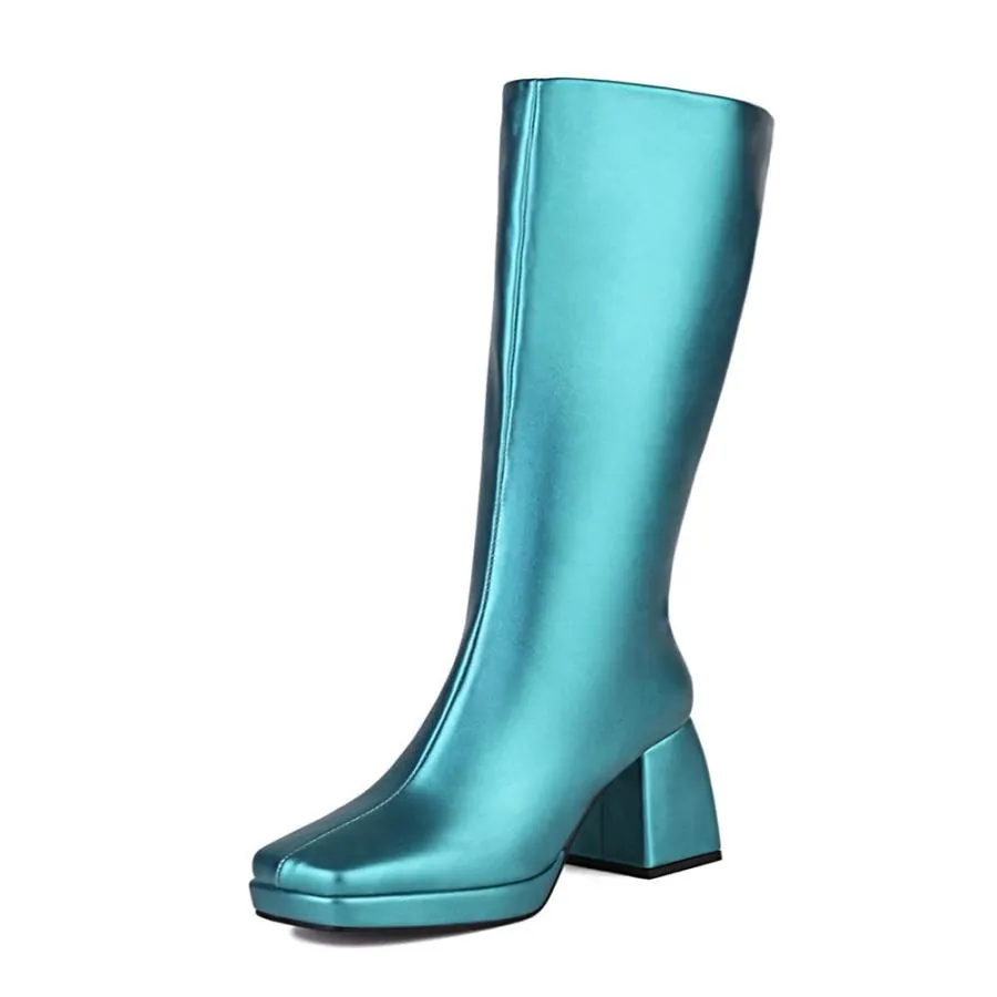 【並行輸入品】MRKEWUNEY Women's Go Go Boots Round Toe Platform Heels Knee High
