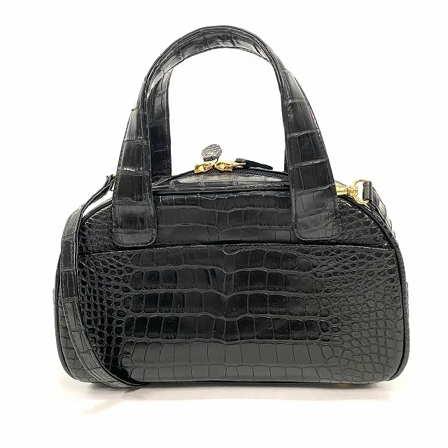 【中古】2WAY マットクロコダイル ハンドバッグ ショルダーバッグ センター取り 斜め掛け ワニ レザー 黒 ブラック レディース 【ベクトル 古着】 240927