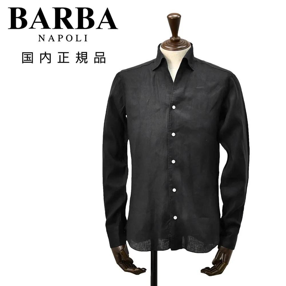 バルバ BARBA 長袖リネンシャツ メンズ カジュアルシャツ CULTO クルトシリーズ ブラック 黒 スキッパーカラー ヒドゥンボタンダウン仕様 国内正規品