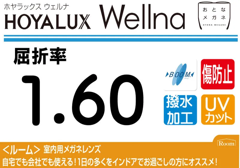 HOYA プレミアムグレード傷防止コート付薄型遠近両用レンズ屈折率1.60撥水加工＋UVカットWellna ルーム 両面複合累進違和感軽減設計（2枚価格) レンズ交換のみでもOK