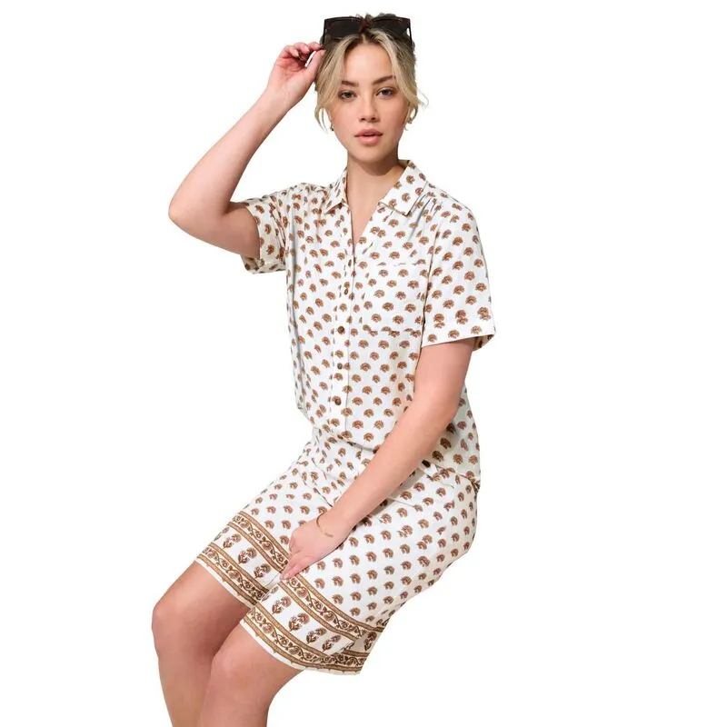 ロアマンズ レディース トップス シャツ プラスサイズ リネン Roaman Women Plusize Linen-Blend Short Sleeve Button-Front Shirt White Cone Flower ホワイト