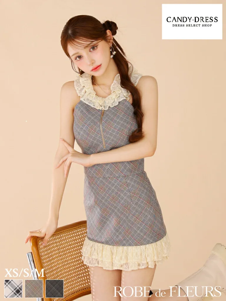 【ROBE de FLEURS / ローブドフルール】チェック柄/ 2WAY/ レース襟/ ジッパー/ アメスリ/ ホルターネック/ セットアップ/ フレア/ ミニドレス/ キャバドレス / ワンピース/ ドレス [fm4222] Aライン ナイトドレス ワンカラー シンプル 可愛い 人気 ノースリーブ