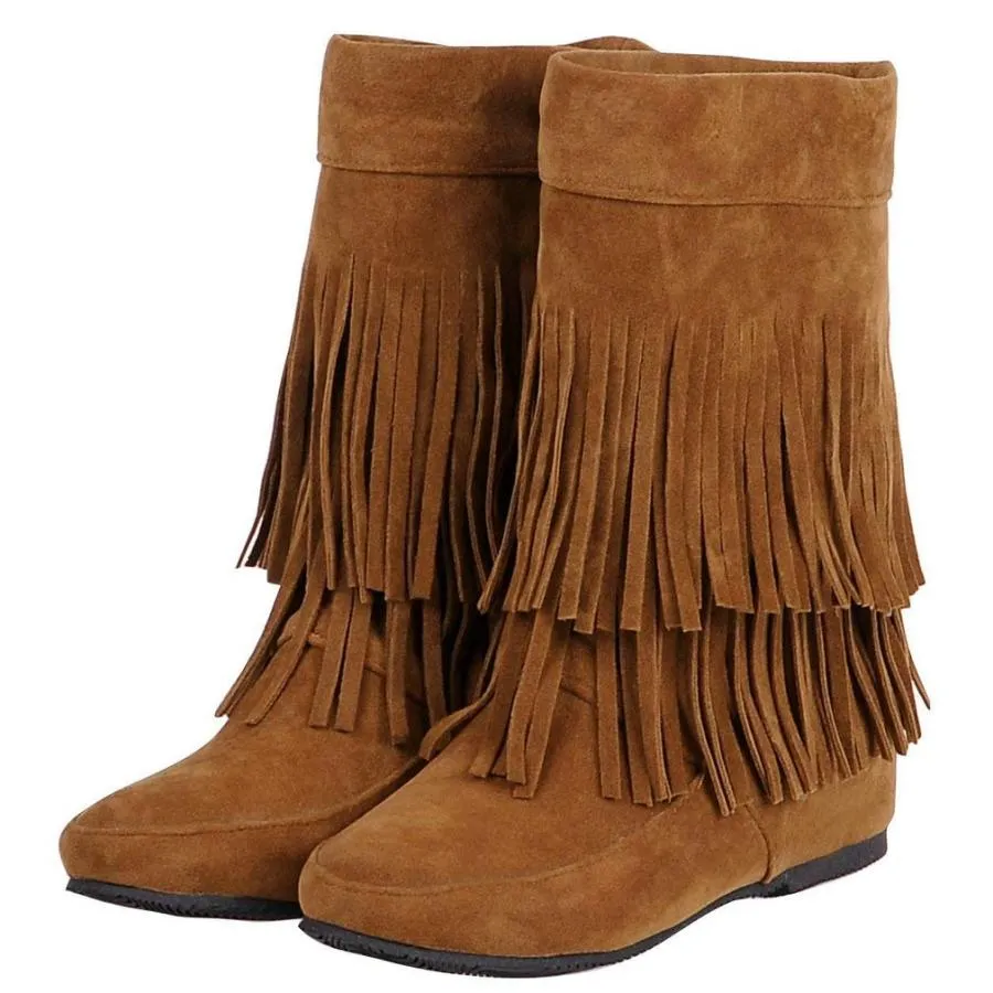 【並行輸入品】Caradise Womens Faux Suede 2 Layer Tassel Fringe Ankle Boots Fla