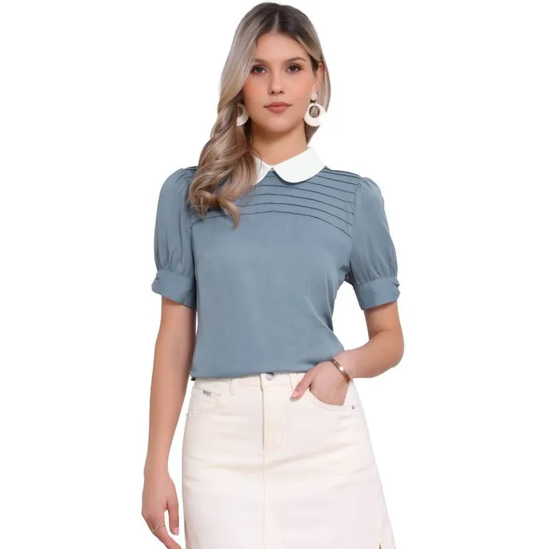 アレグラ ケー レディース トップス シャツ ヴィンテージ コントラスト ブラウス ALLEGRA K Women Vintage Peter Pan Collar Contrast Short Sleeve Blouse Top Grey Blue グレー